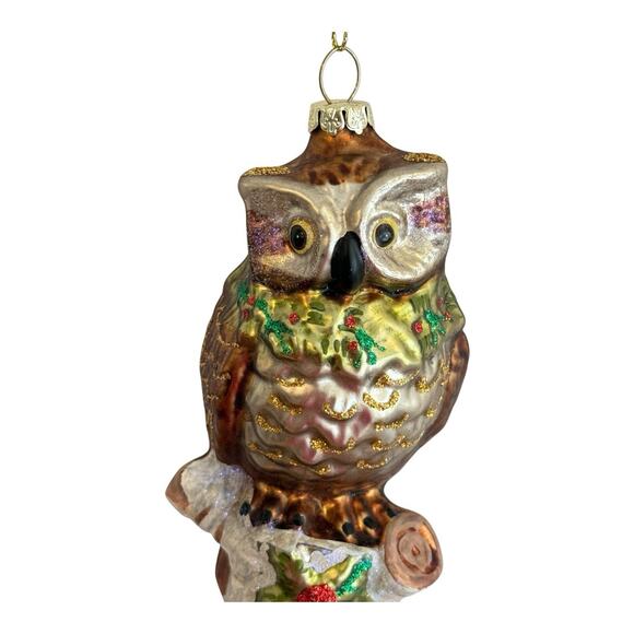 Hand Blown Rustic Owl Stump Poins Glass Ornament 5" Tall Brown Light Shimmer EUC - Picture 2 of 8